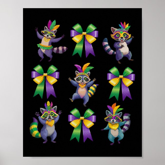 Mardi Gras Coquette Bow Cute Racoon Dancing Trash Poster (Front)