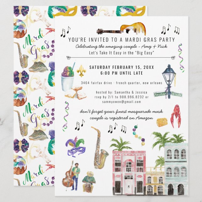 Mardi Gras Couple's Shower Invitation (Front/Back)