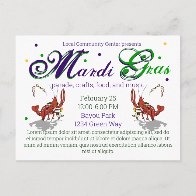 Mardi Gras Crawdads beer Postcard (Front)