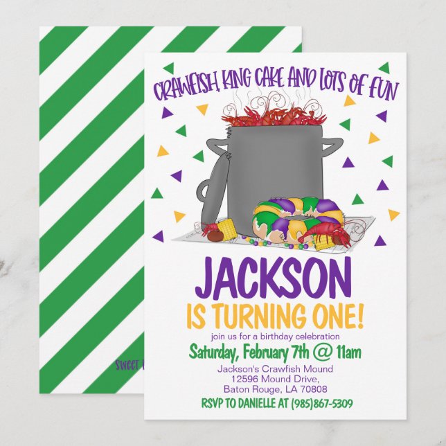 Mardi Gras Crawfish First Birthday Invitation (Front/Back)