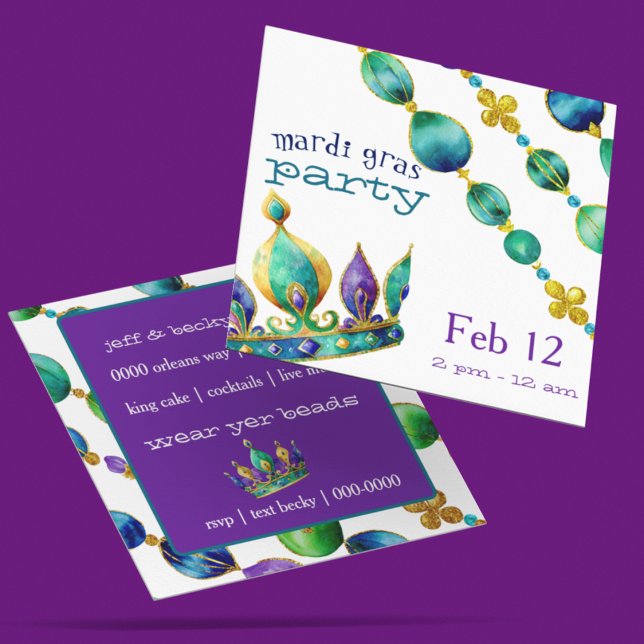 Mardi Gras Crown and Beads Party  Invitation (Customize the front and back of these Mardi Gras party invitations.)