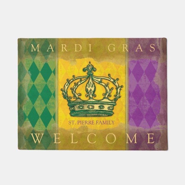 Mardi Gras Crown Purple Gold Family Name Welcome Doormat (Front)