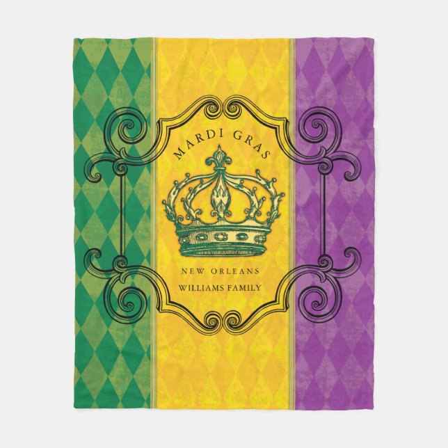 Mardi Gras Crown Purple Gold Green Family Name Fleece Blanket (Front)