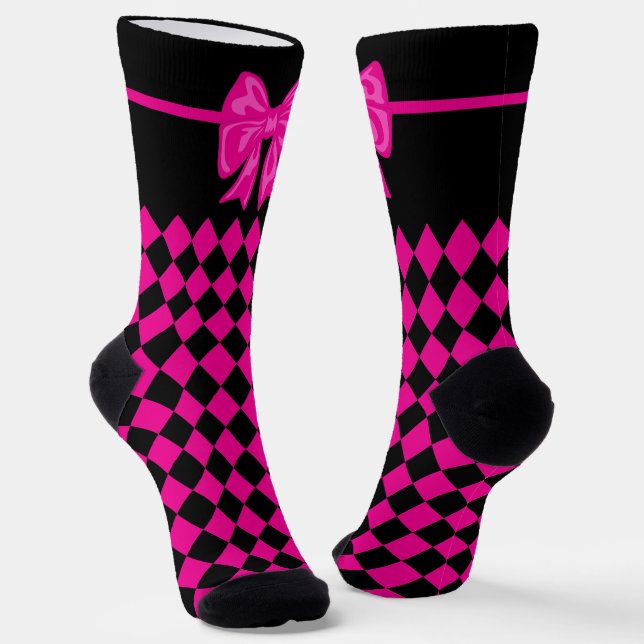 Mardi Gras Cute Bow Pink Black Carnival Socks (Angled)