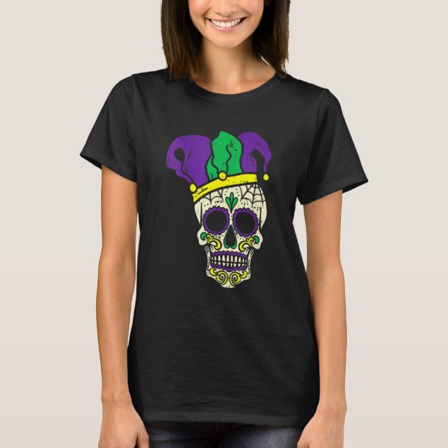 Mardi Gras Cute Skull Jester Hat Masked Beads Fest T-Shirt (Front)