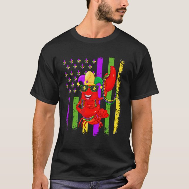 Mardi Gras Dabbing Crawfish US American Flag Celeb T-Shirt (Front)