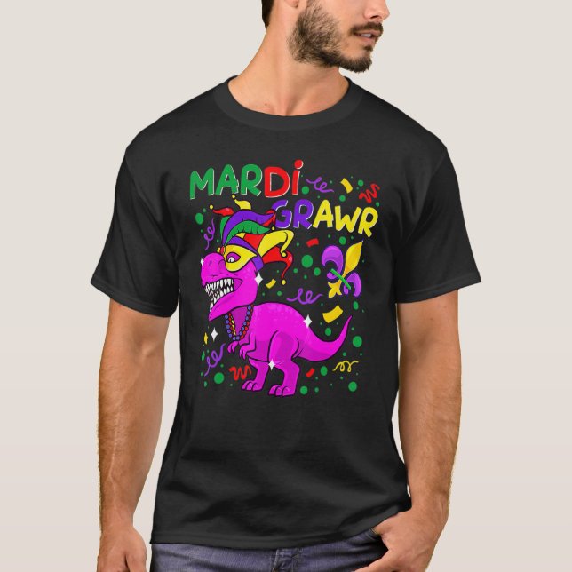 Mardi Gras Dabbing Rex Dinosaur Mardi Grawr Bead O T-Shirt (Front)