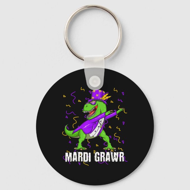 Mardi Gras Dabbing T Rex Dinosaur Mardi Grawr Bead Key Ring (Front)