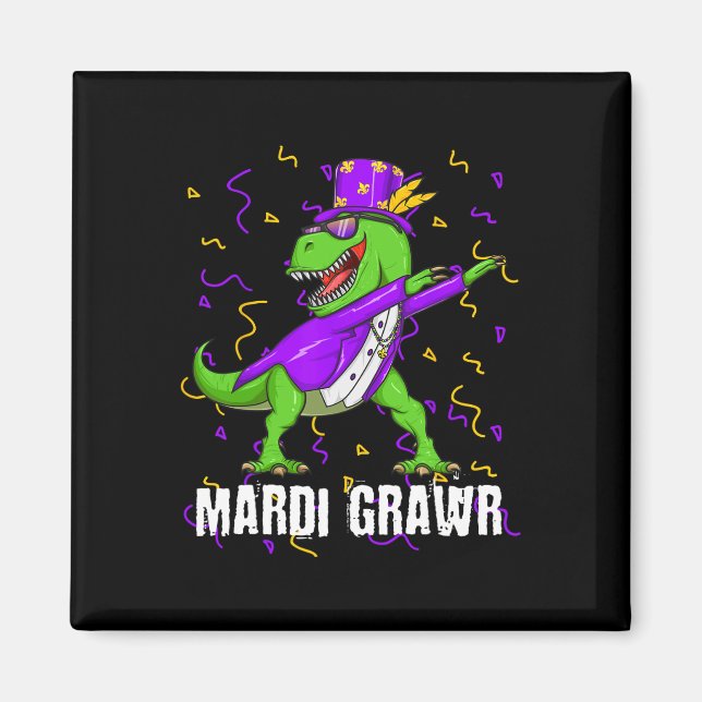 Mardi Gras Dabbing T Rex Dinosaur Mardi Grawr Bead Magnet (Front)