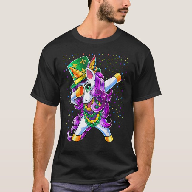 Mardi Gras Dabbing Unicorn Jester Hat Bead Costume T-Shirt (Front)