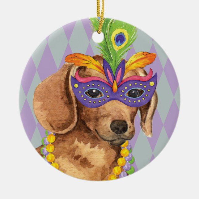 Mardi Gras Dachshund Ceramic Tree Decoration (Front)