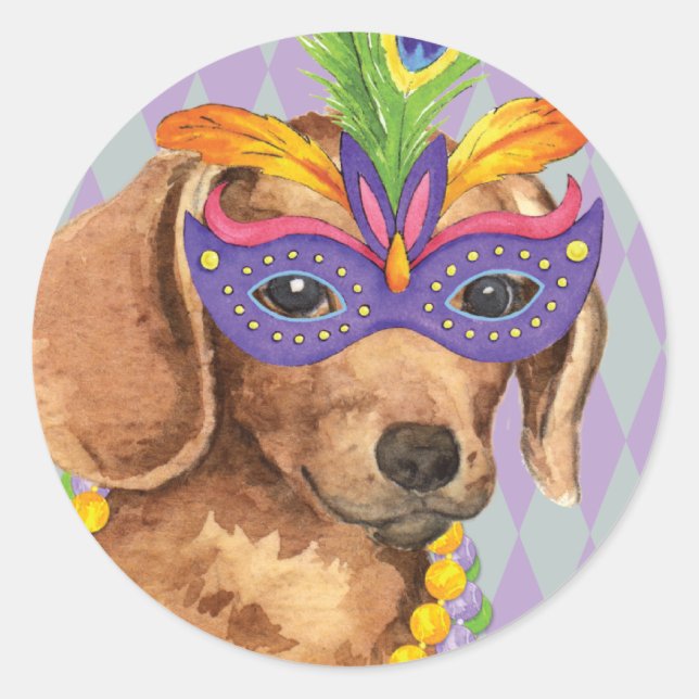 Mardi Gras Dachshund Classic Round Sticker (Front)