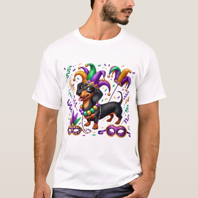 Mardi Gras Dachshund Short Sleeve T-Shirt, Unisex T-Shirt (Front)