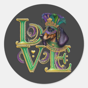 Mardi Gras Dachshund Word LOVE Masquerade  Classic Round Sticker