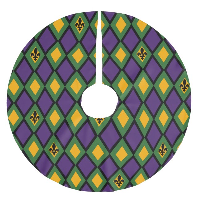 Mardi Gras Diamond Pattern With Fleur De Lis Brushed Polyester Tree Skirt (Front)