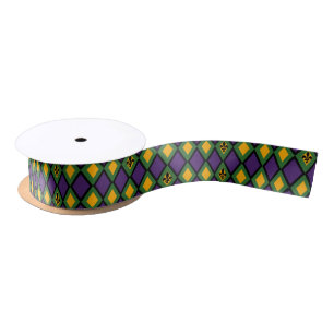 Mardi Gras Diamond Pattern With Fleur De Lis Satin Ribbon