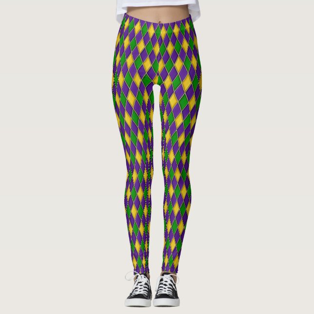 Mardi Gras Diamonds Harlequin Print Pattern Leggings (Front)