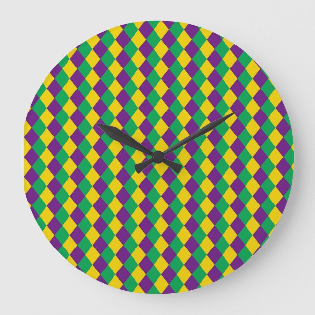 Mardi Gras Diamonds: Vibrant Festive Pattern Large Clock (Front)