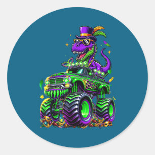Mardi Gras Dino Monster Truck Classic Round Sticker