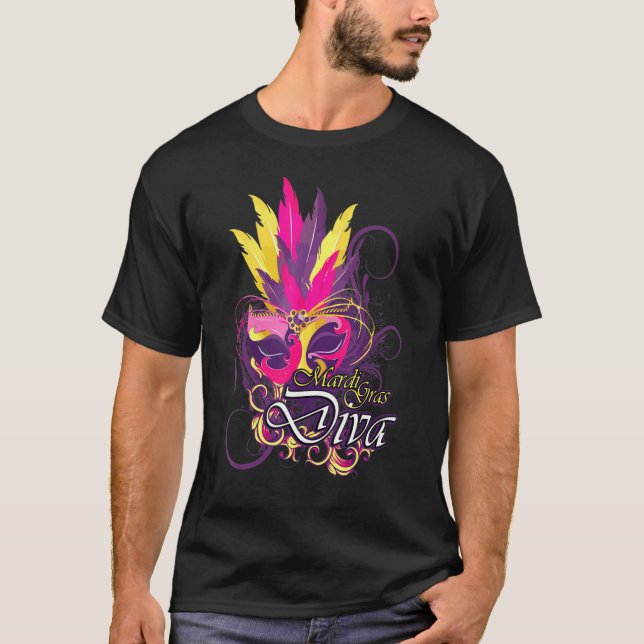 Mardi Gras Diva Feather Mask Pink Purple T-Shirt (Front)