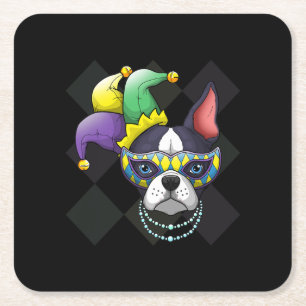 Mardi Gras Dog Shirt Funny Boston Terrier Lover Square Paper Coaster