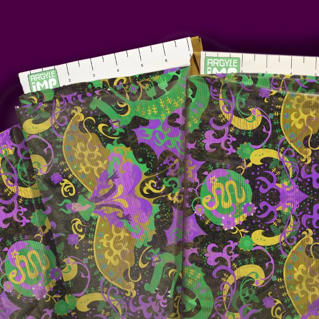 Mardi Gras Dragon, Snake, Fantasy Woman Damask Fabric (close-up with ruler)