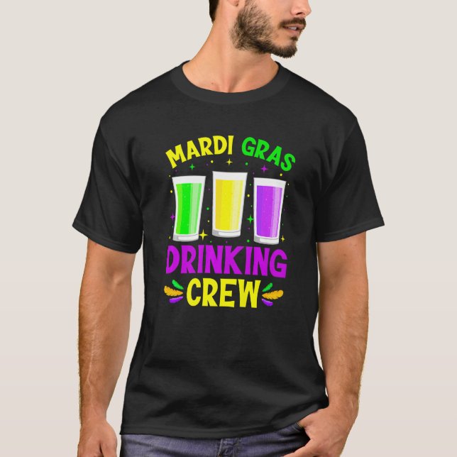 Mardi Gras Drinking Crew  Mask Beads Men Women Cos T-Shirt (Front)