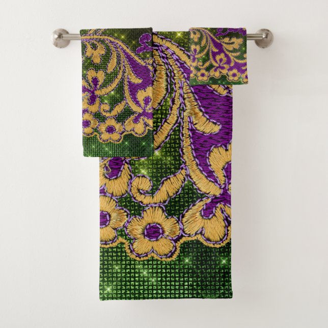 Mardi Gras Embroidery Floral Designer Bath Towel Set (Insitu)