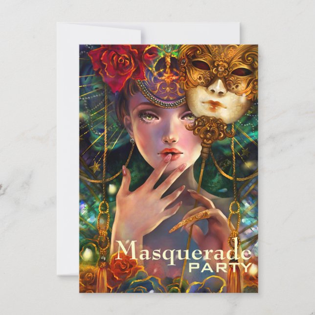 Mardi Gras Fancy Surreal Masquerade Mask Girl Art Invitation (Front)
