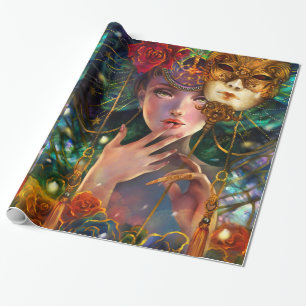 Mardi Gras Fancy Surreal Masquerade Mask Girl Art Wrapping Paper