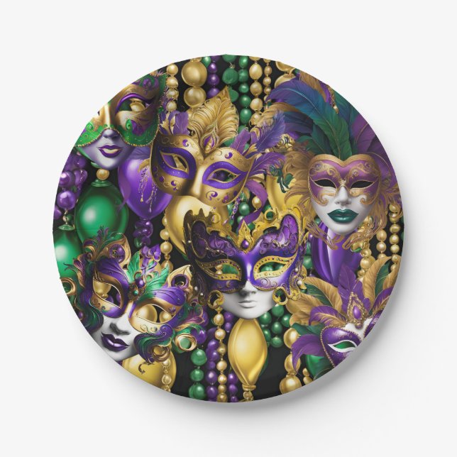 Mardi Gras Fat Tuesday Green Purple Masks Beads Paper Plate (Front)