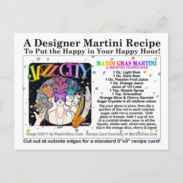 Mardi Gras - Fat Tuesday Martini Recipe Card (Front)