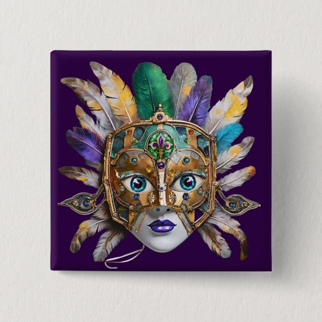 Mardi Gras Feather and Metal Mask 15 Cm Square Badge (Front)