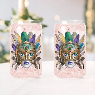 Mardi Gras Feather and Metal Mask Can Glass