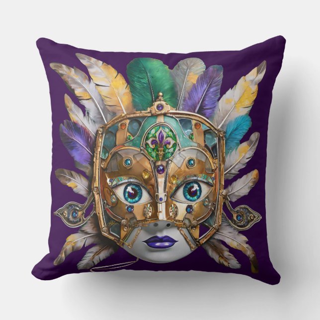 Mardi Gras Feather and Metal Mask Cushion (Front)