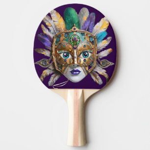 Mardi Gras Feather and Metal Mask Ping Pong Paddle