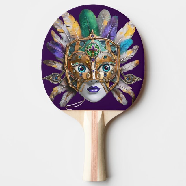 Mardi Gras Feather and Metal Mask Ping Pong Paddle (Front)