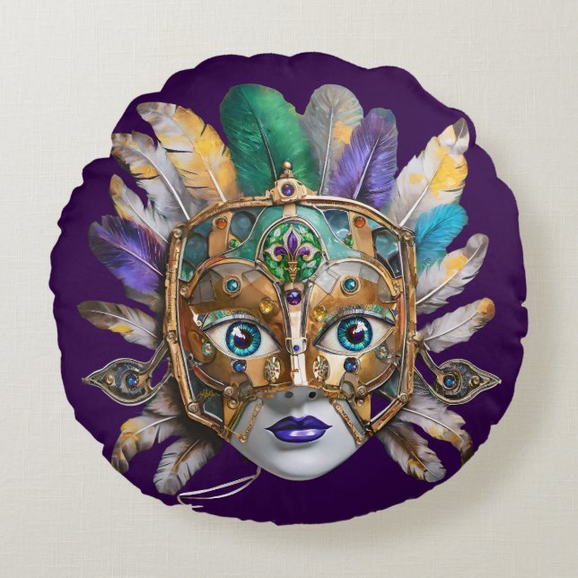 Mardi Gras Feather and Metal Mask Round Cushion (Front)