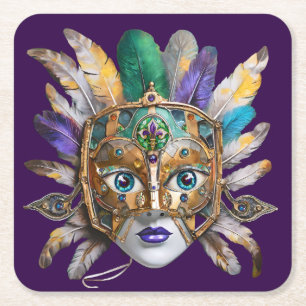 Mardi Gras Feather and Metal Mask Square Paper Coaster