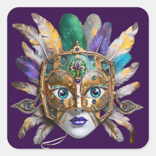 Mardi Gras Feather and Metal Mask Square Sticker