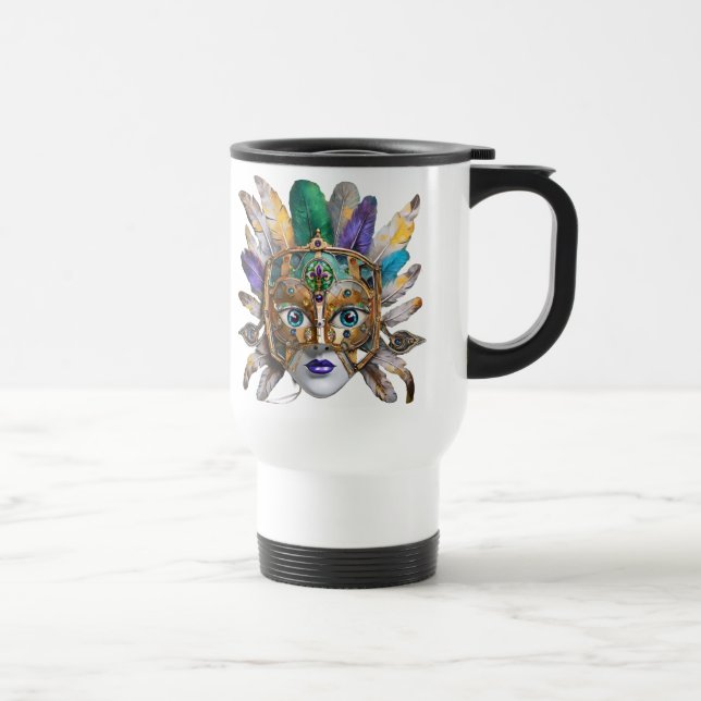 Mardi Gras Feather and Metal Mask Travel Mug (Right)