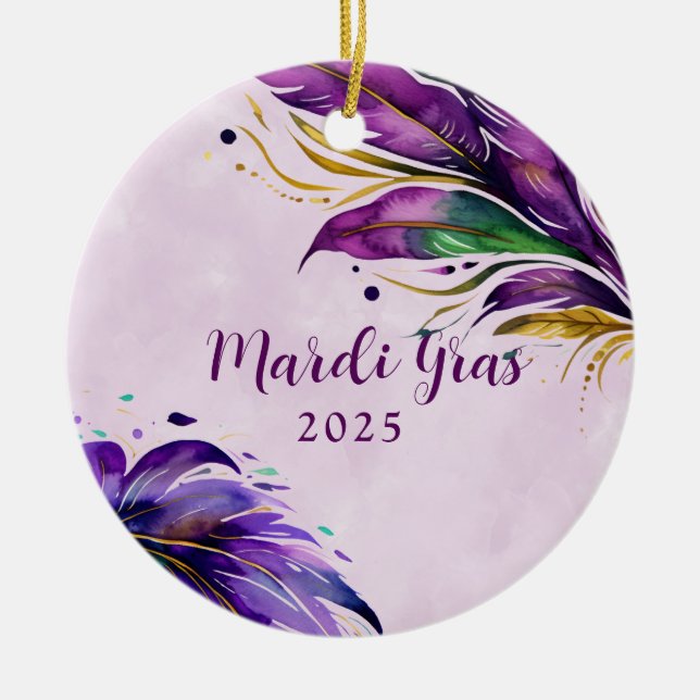 Mardi Gras Feather Dated Ceramic Tree Decoration (Front)
