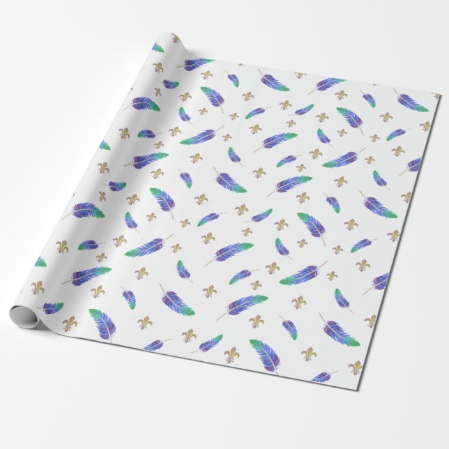 Mardi Gras Feathers and Fleur de Lis Pattern Wrapping Paper (Unrolled)