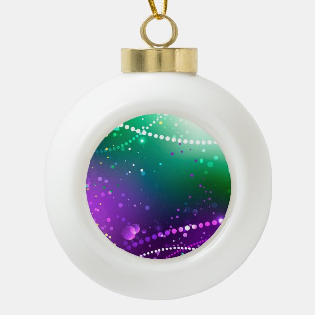 Mardi Gras Festive Purple Background Ceramic Ball Christmas Ornament (Front)