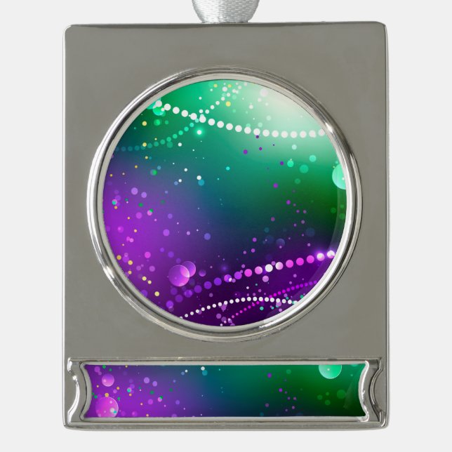 Mardi Gras Festive Purple Background Silver Plated Banner Ornament (Front)