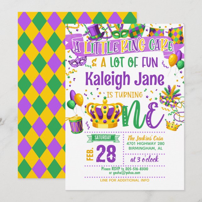 Mardi Gras First Birthday Invitation  (Front/Back)