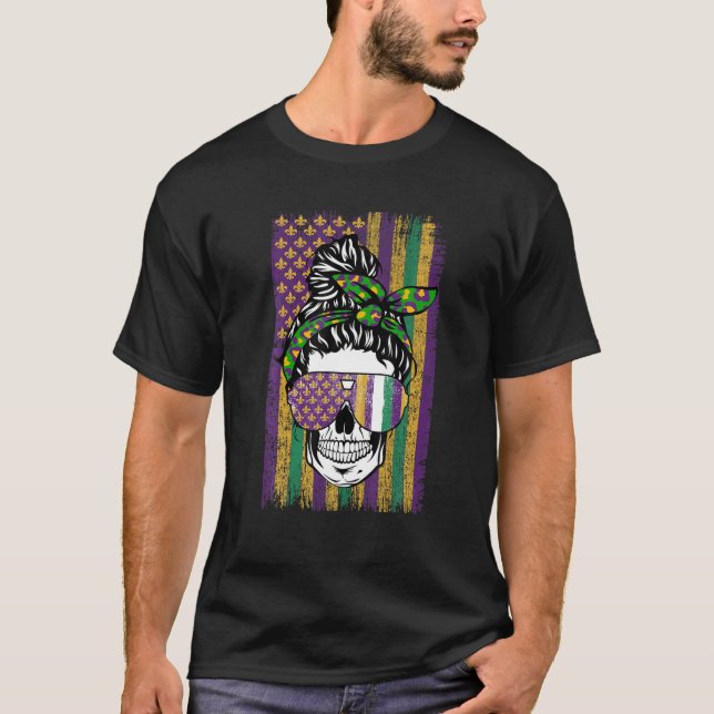 Mardi Gras Flag Bond Head Skull Carnival Party Gir T-Shirt (Front)