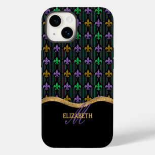 Mardi Gras Fleur De Lis Faux Glitter Monogram iPhone 14 Case