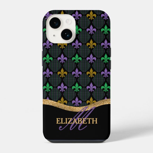 Mardi Gras Fleur De Lis Faux Glitter Monogram iPhone Case (Back)