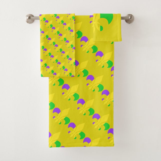 Mardi Gras Fleur-de-Lis Green Purple Yellow Bath Towel Set (Insitu)